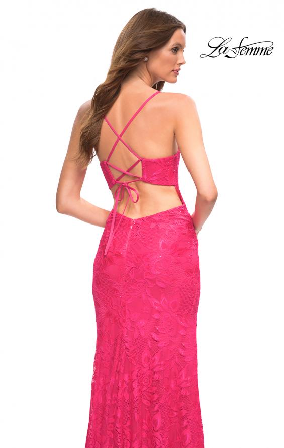 Picture of: Hot Pink Stretch Lace Prom Dress with Deep V Neckline in Pink, Style: 30686, Detail Picture 2