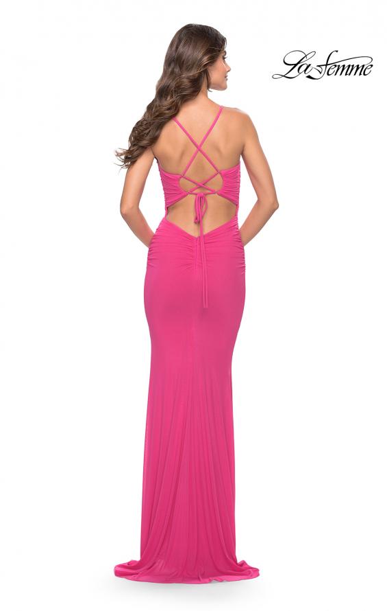Picture of: Net Jersey Gown with Jeweled Detail in Deep V Neckline in Neon in Hot Pink, Style: 31424, Detail Picture 2