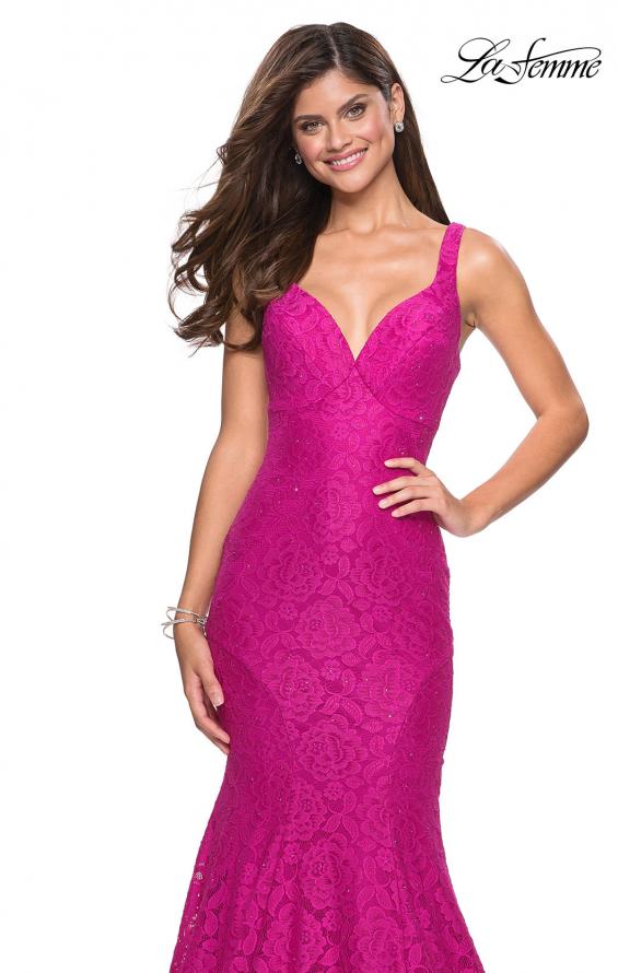 Picture of: Stretch Lace Long Dress with Open Strappy Back in Hot Pink, Style: 27623, Detail Picture 3