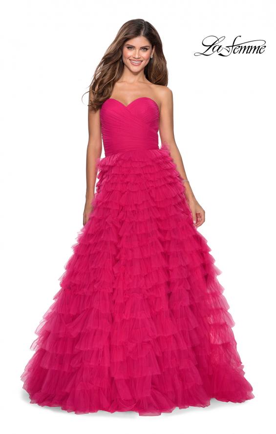 Picture of: Cascading Tulle Strapless Gown with Ruching in Hot Pink, Style: 28345, Detail Picture 3