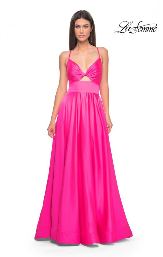 Picture of: Satin A-Line Gown with Cut Out and Twist Bodice in Neon in Hot Pink, Style: 31412, Detail Picture 3