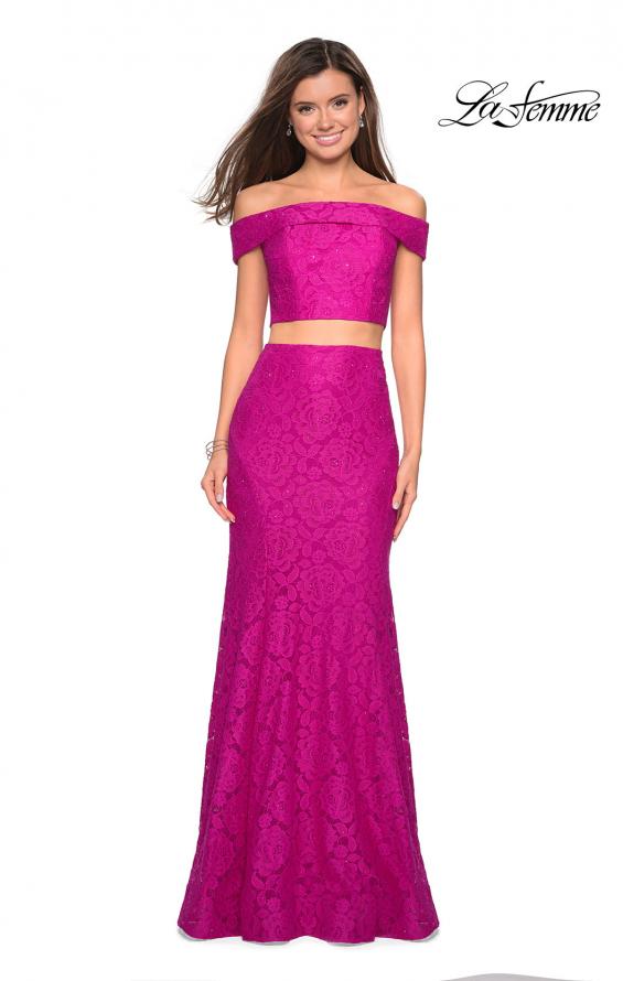 Picture of: Lace Two Piece Off the Shoulder Dress with Rhinestones in Hot Pink, Style: 27443, Detail Picture 4