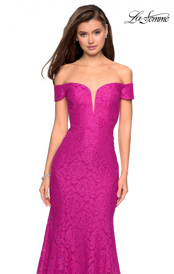 Picture of: Stretch Lace Off the Shoulder Mermaid Prom Dress in Hot Pink, Style: 27613, Detail Picture 4