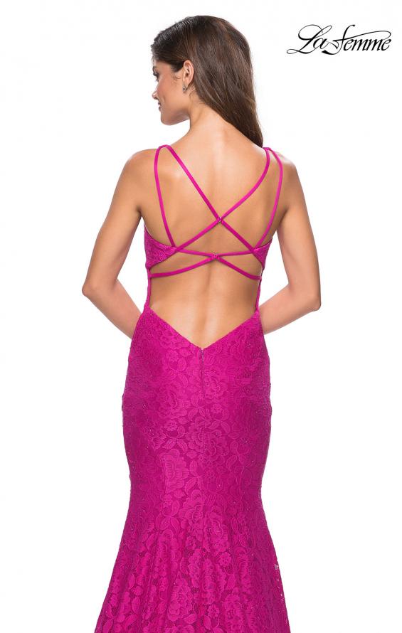 Picture of: Stretch Lace Long Dress with Open Strappy Back in Hot Pink, Style: 27623, Detail Picture 4