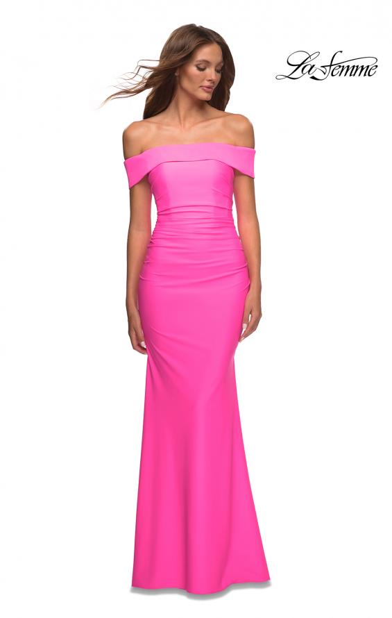 Picture of: Long Off the Shoulder Ruched Neon Jersey Dress in Pink, Style: 30421, Detail Picture 4