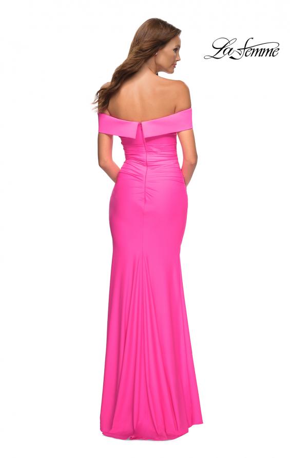 Picture of: Long Off the Shoulder Ruched Neon Jersey Dress in Pink, Style: 30421, Detail Picture 5