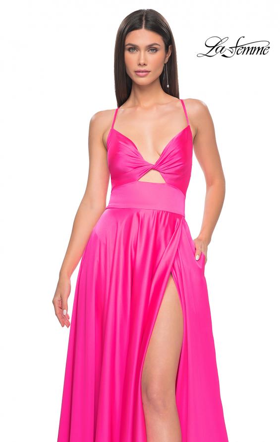 Picture of: Satin A-Line Gown with Cut Out and Twist Bodice in Neon in Hot Pink, Style: 31412, Detail Picture 5