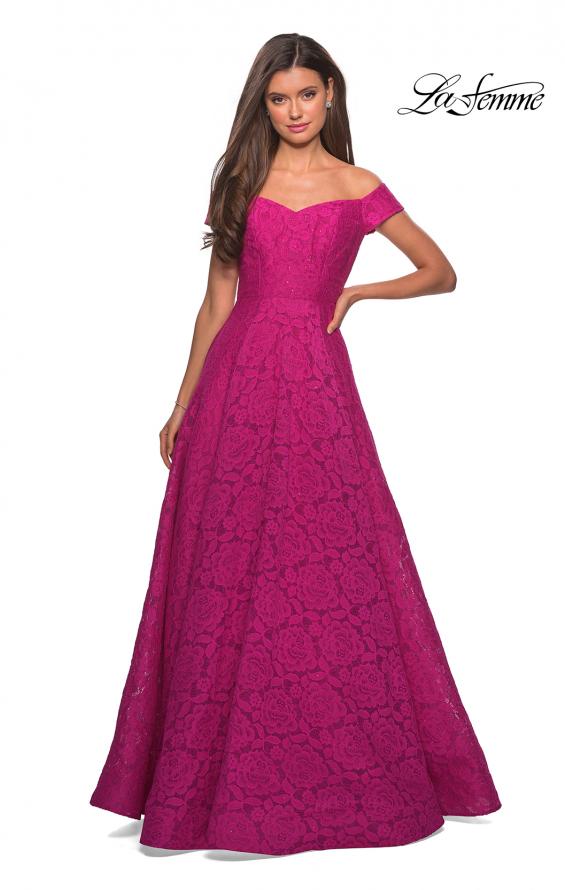 Picture of: Off the Shoulder Floor Length Dress with Rhinestones in Hot Pink, Style: 27556, Detail Picture 6