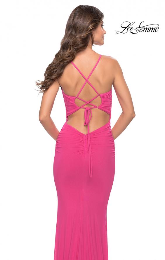 Picture of: Net Jersey Gown with Jeweled Detail in Deep V Neckline in Neon in Hot Pink, Style: 31424, Detail Picture 6