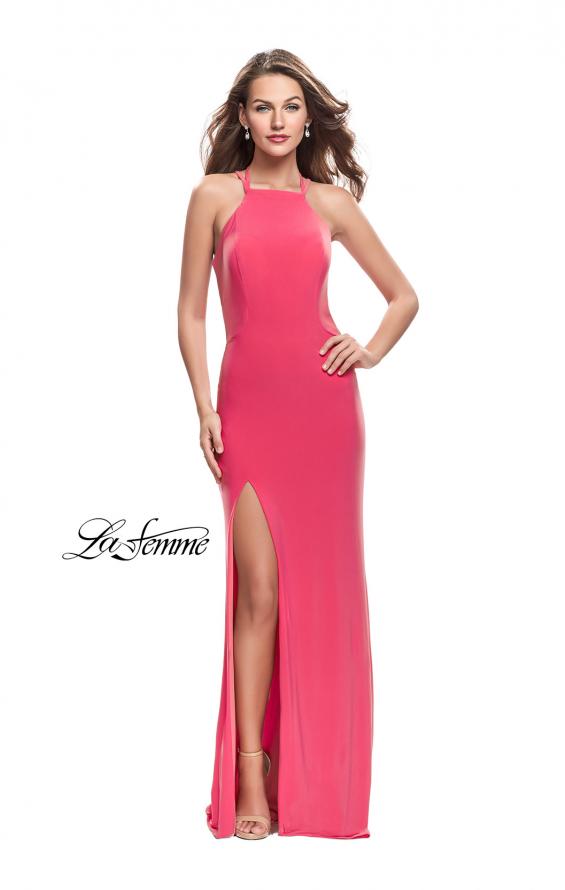 Picture of: Long Jersey Prom Dress with Strappy Open Back in Hot Coral, Style: 25736, Main Picture