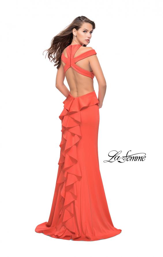 Picture of: Long Jersey Prom Dress with Ruffle Detail and Slit in Hot Coral, Style: 25971, Main Picture