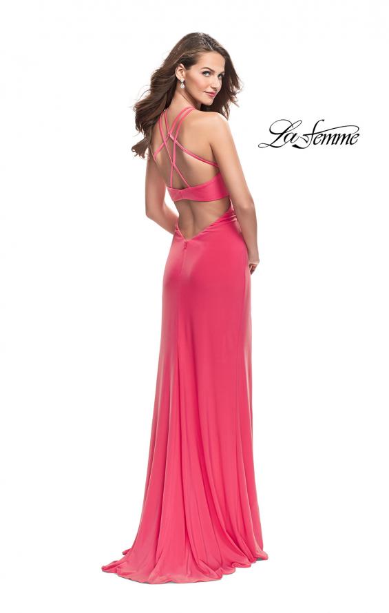 Picture of: Long Jersey Prom Dress with Strappy Open Back in Hot Coral, Style: 25736, Back Picture