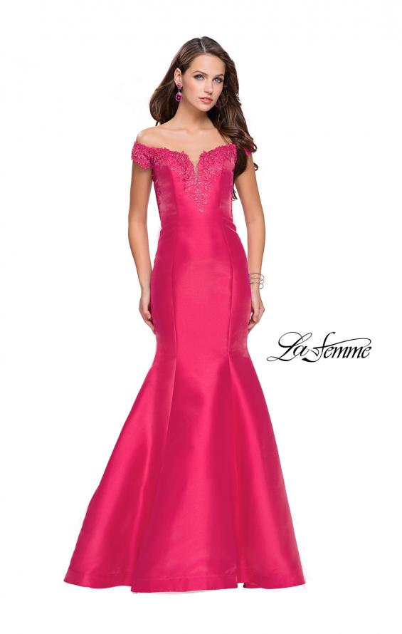 Picture of: Off The Shoulder Mikado Mermaid Gown with Lace in Hot Pink, Style: 26001, Main Picture