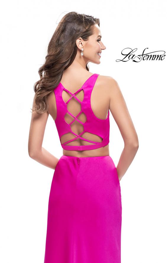 Picture of: Satin Two Piece Prom Dress with Leg Slit and Racer Back in Hot Pink, Style: 25599, Back Picture