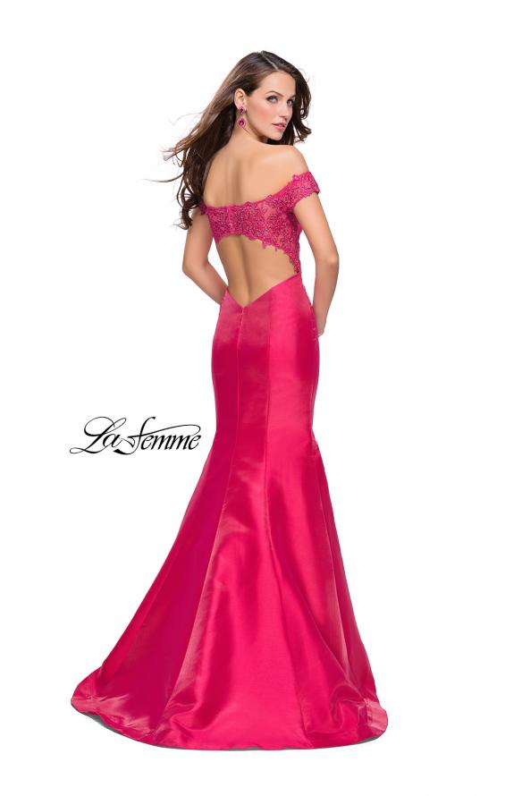 Picture of: Off The Shoulder Mikado Mermaid Gown with Lace in Hot Pink, Style: 26001, Back Picture