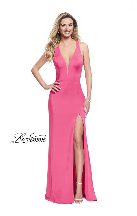 Picture of: Form Fitting Halter Prom Dress with Caged Open Back in Hot Pink, Style: 25612, Detail Picture 2