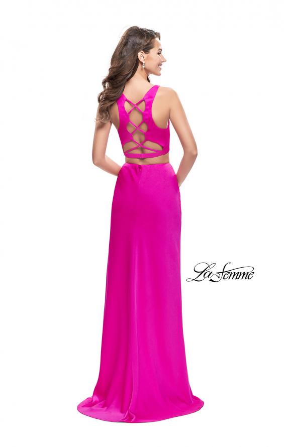 Picture of: Satin Two Piece Prom Dress with Leg Slit and Racer Back in Hot Pink, Style: 25599, Detail Picture 2