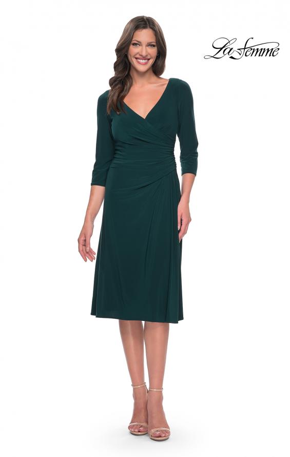 Picture of: Chic Tea Length Jersey Dress with Ruching in Hunter Green, Style: 30069, Detail Picture 1
