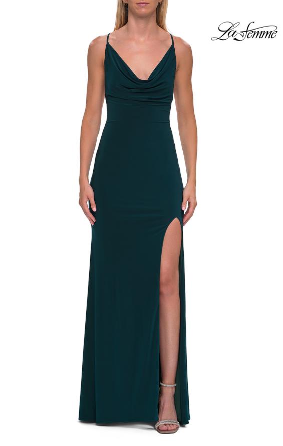Picture of: Cowl Neck Jersey Gown with Open Back and High Slit in Hunter Green, Style: 33299, Detail Picture 13