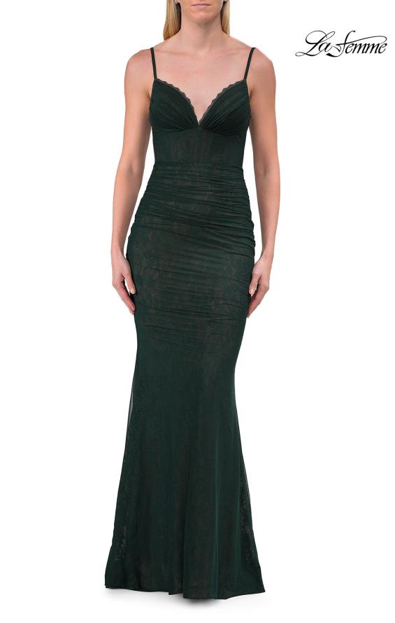 Purple Picture of: Lace Fitted Gown with Ruched Bodice and Sheer Back in Hunter Green, Style: 33443, Detail Picture 18