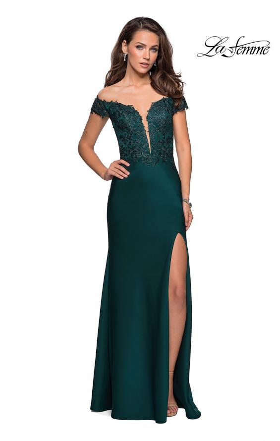 Picture of: Off The Shoulder Gown with Lace Bust and Slit in Hunter Green, Style: 27097, Detail Picture 1