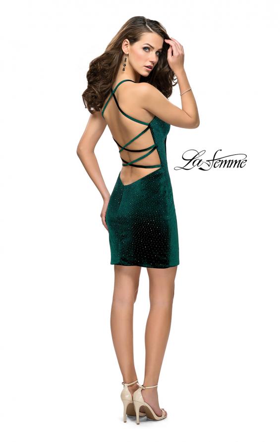 Picture of: Rhinestone Short Velvet Homecoming Dress with Open Back in Hunter Green, Style: 26620, Detail Picture 3