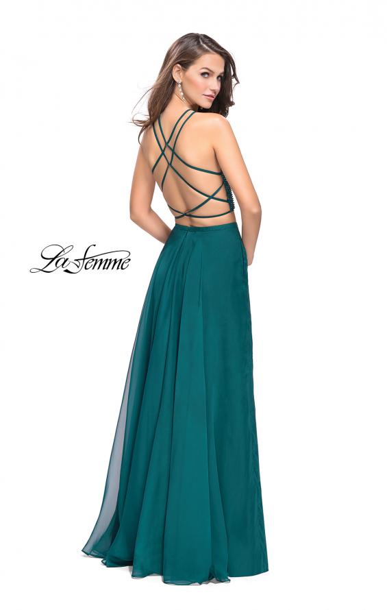 Picture of: Long Chiffon Two Piece Prom Dress with Metallic Beading in Hunter Green, Style: 26002, Back Picture