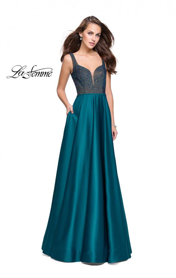 Picture of: Long Satin Dress with A Line Skirt and Beaded Top in Hunter Green, Style: 25348, Detail Picture 1