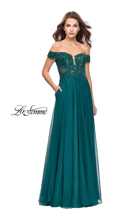 Picture of: Chiffon Prom Dress with Off the Shoulder Lace Top in Hunter Green, Style: 25129, Detail Picture 2