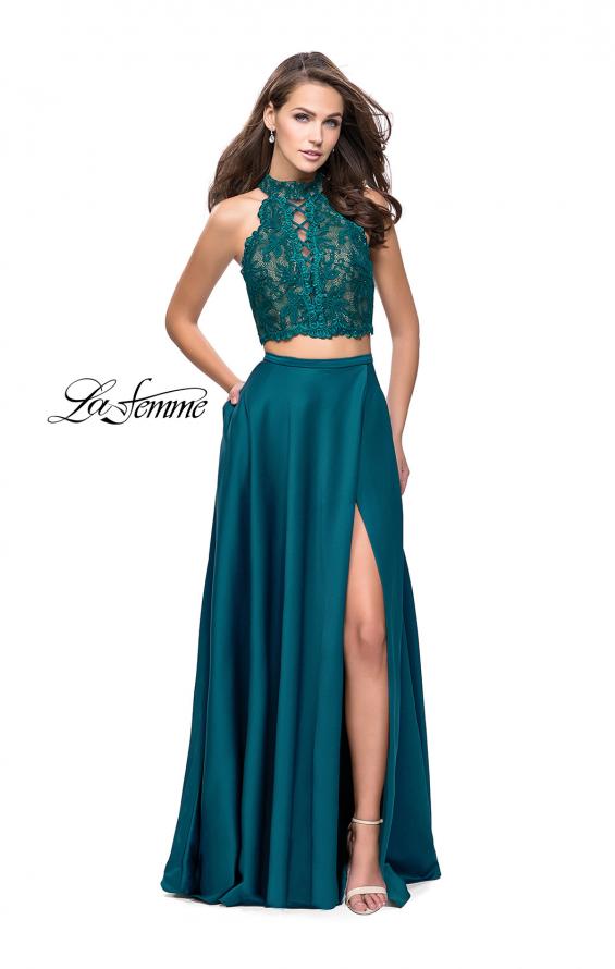 Picture of: Two piece gown with lace up top and satin A line skirt in Hunter Green, Style: 25263, Detail Picture 2
