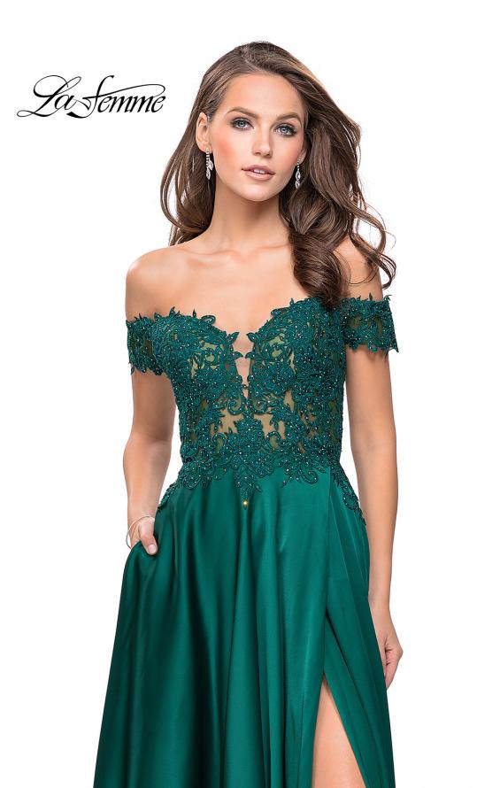 Picture of: A-line Off the Shoulder Satin Dress with Beaded Lace Bodice in Hunter Green, Style: 25694, Detail Picture 2