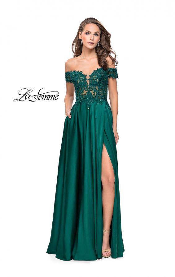 Picture of: A-line Off the Shoulder Satin Dress with Beaded Lace Bodice in Hunter Green, Style: 25694, Detail Picture 2