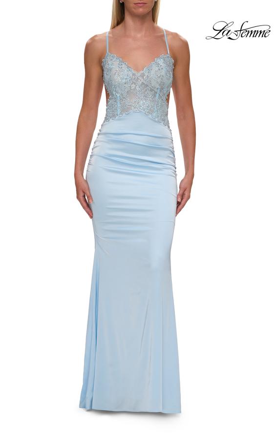 Picture of: Satin and Lace Prom Dress with Side Cutouts and Open Back in Ice Blue, Style: 33651, Detail Picture 12