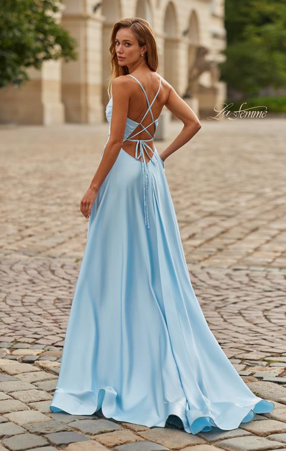 Blue Picture of: A-Line Satin Gown with Draped Bodice, Slit, and Lace-Up Back in Ice Blue, Style: 33373, Back Picture