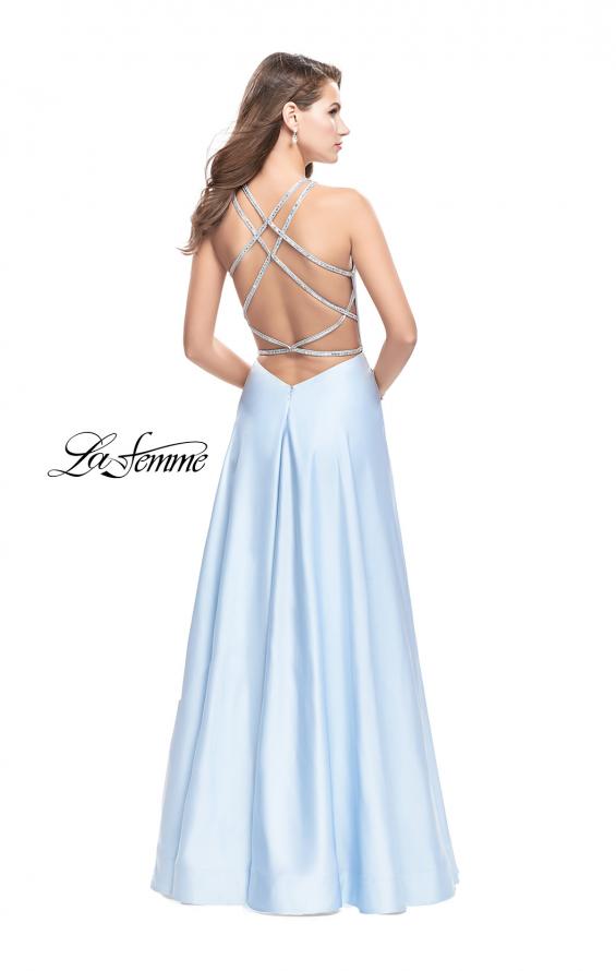 Picture of: Long High Neck Satin Gown with Beaded Strappy Back in Ice Blue, Style: 26269, Back Picture