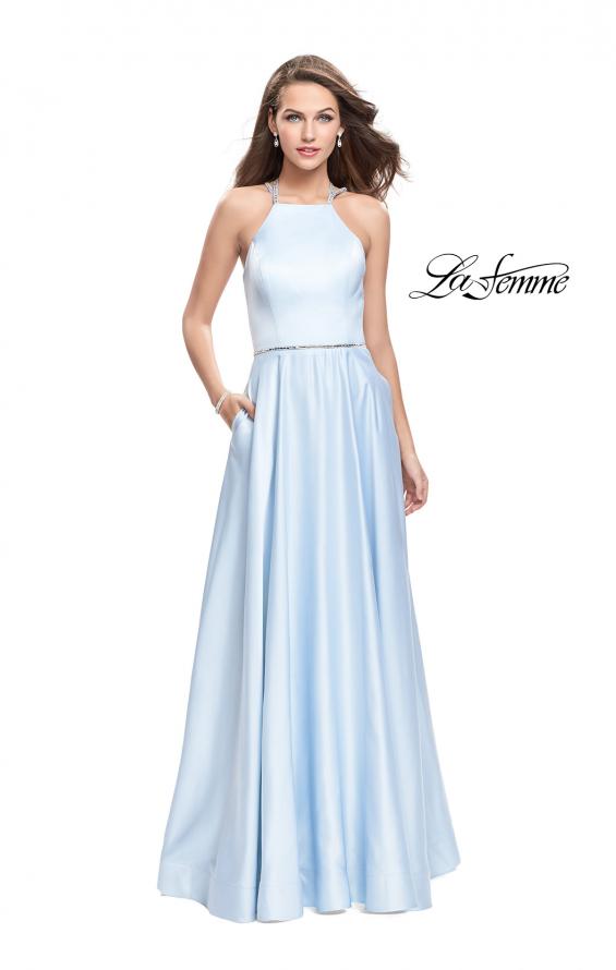 Picture of: Long High Neck Satin Gown with Beaded Strappy Back in Ice Blue, Style: 26269, Detail Picture 1