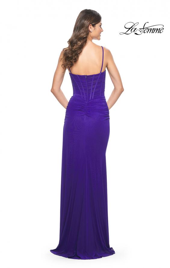 Picture of: Bustier Net Jersey Prom Dress with Ruching and High Slit in Indigo, Style: 32161, Detail Picture 7