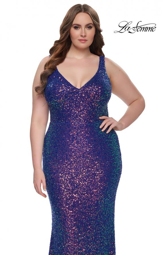 Picture of: Unique Stretch Sequin Plus Gown with V Neckline in Indigo, Style: 32199, Main Picture