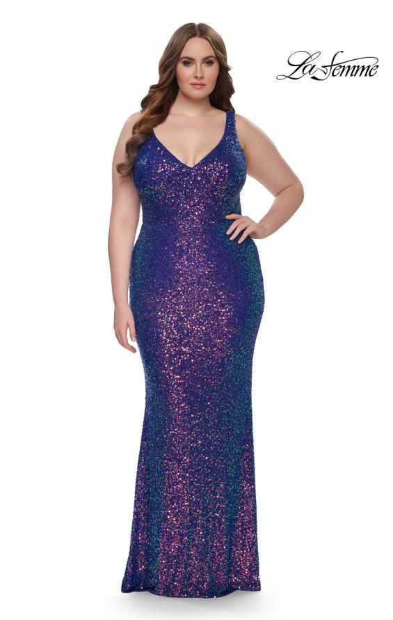 Picture of: Unique Stretch Sequin Plus Gown with V Neckline in Indigo, Style: 32199, Detail Picture 1
