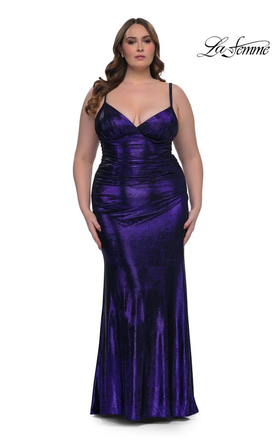 Picture of: Metallic Plus Size Prom Dress with Flattering Ruching in Indigo , Style: 33020, Detail Picture 1