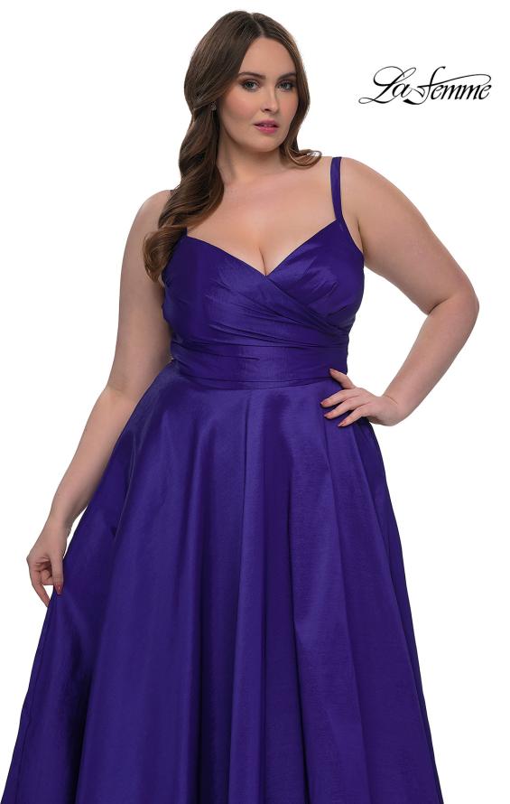Picture of: Simple A-line Mikado Plus Dress with Slit in Indigo , Style: 33075, Detail Picture 7