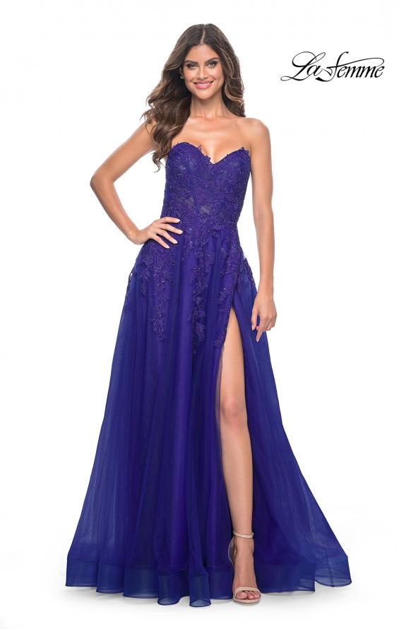 Picture of: Sweetheart Tulle Strapless Gown with Lace Applique in Indigo, Style: 32304, Main Picture