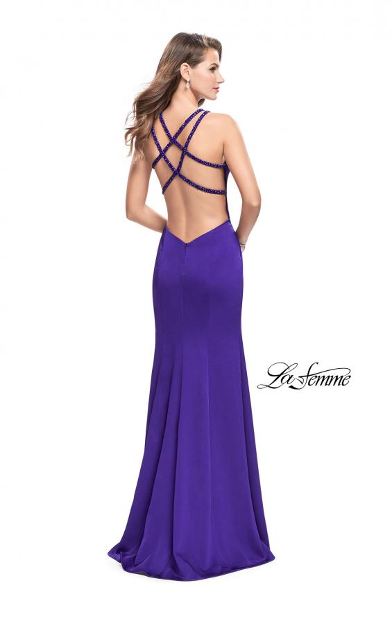 Picture of: Classic Long Evening Gown with Beaded Straps and Slit in Indigo, Style: 25540, Back Picture