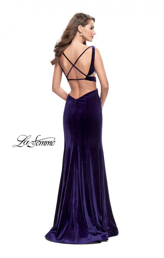 Picture of: Form Fitting Velvet Mermaid Gown with Side Cut Outs in Indigo, Style: 25866, Back Picture