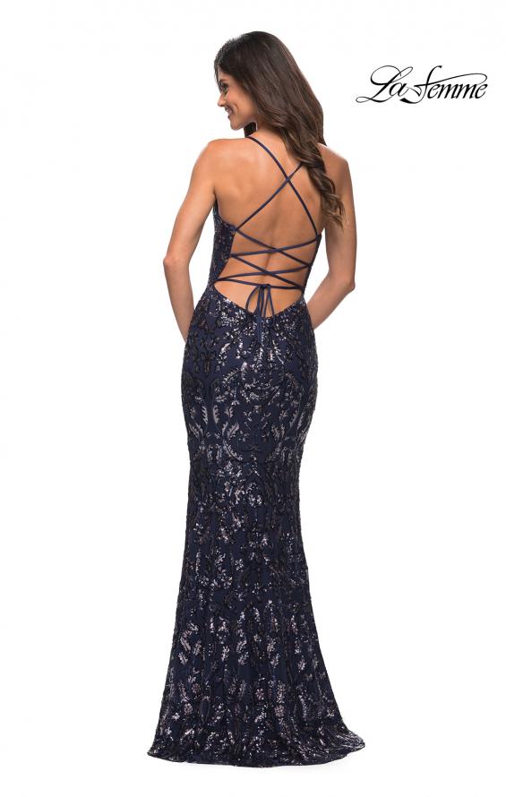 Picture of: Unique Print Sequin Gown with Open Lace Up Back in Indigo, Back Picture