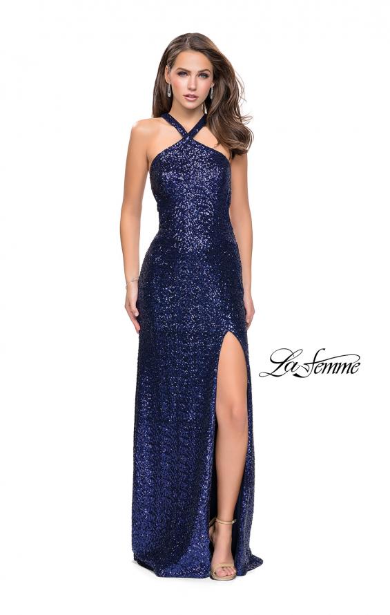 Picture of: Long Sequin Halter Prom Dress with Strappy Back and Slit in Indigo, Style: 25418, Detail Picture 1
