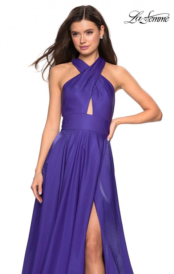Picture of: Tone Tone Satin Dress with Wrap Around High Neckline in Indigo, Style: 27151, Detail Picture 1