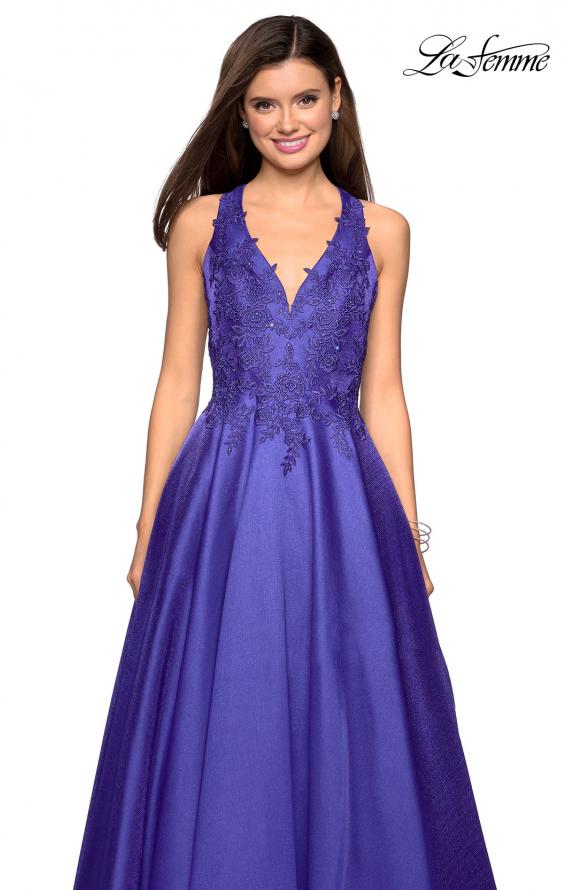 Picture of: Floor Length Mikado Gown with Lace and Rhinestones in Indigo, Style: 27529, Detail Picture 1