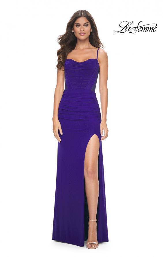 Picture of: Ruched Net Jersey Dress with Bustier Top and Illusion Back in Indigo, Style: 32212, Detail Picture 1
