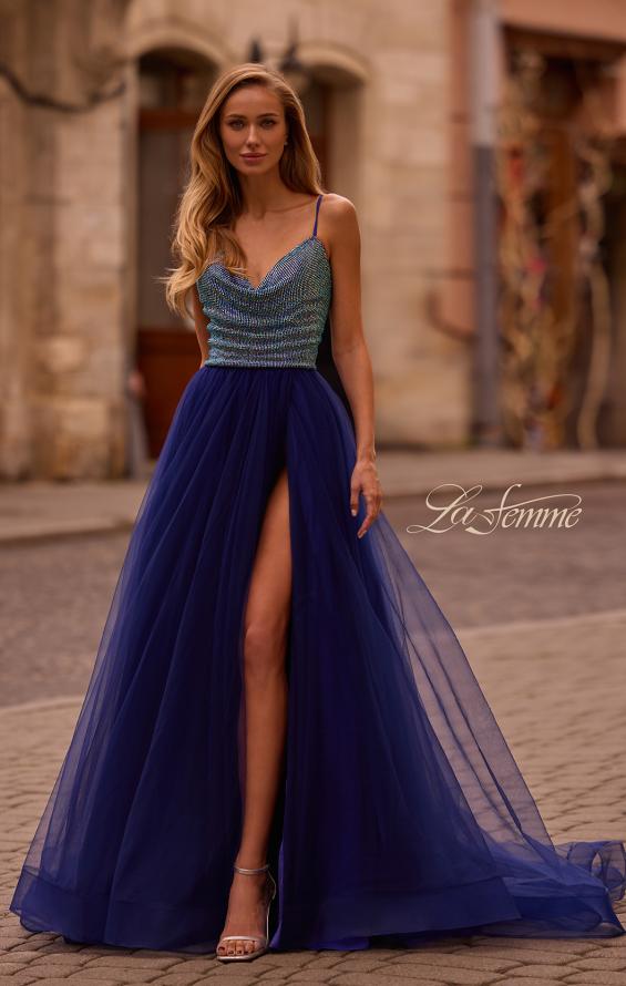 Picture of: A-line Tulle Gown with Draped Mesh Rhinestone Bodice in Indigo , Style: 32838, Detail Picture 1